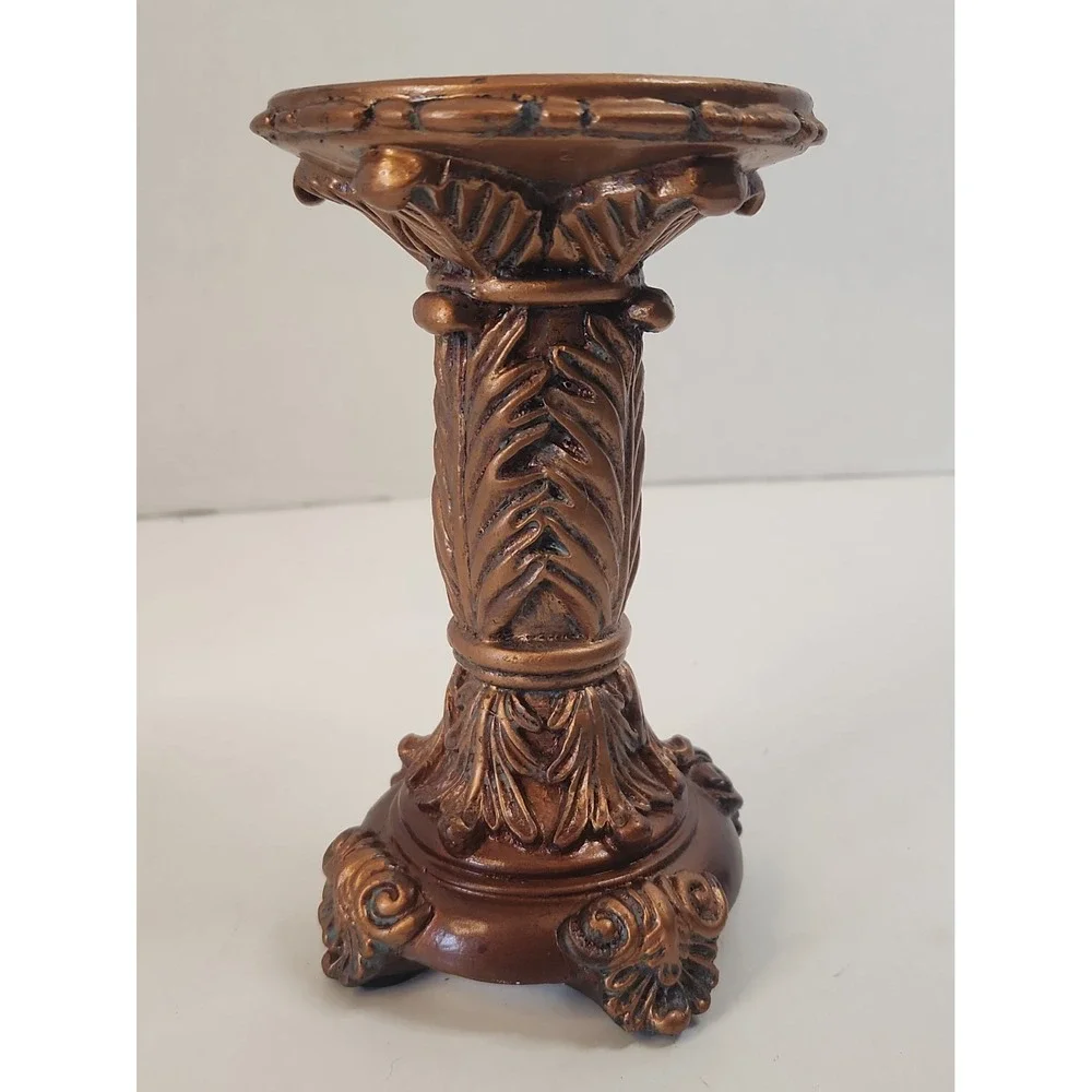 Vtg '03 Goldtone Baroque Pillar Candle Holder Pedestals Staggered Set of 2 Resin